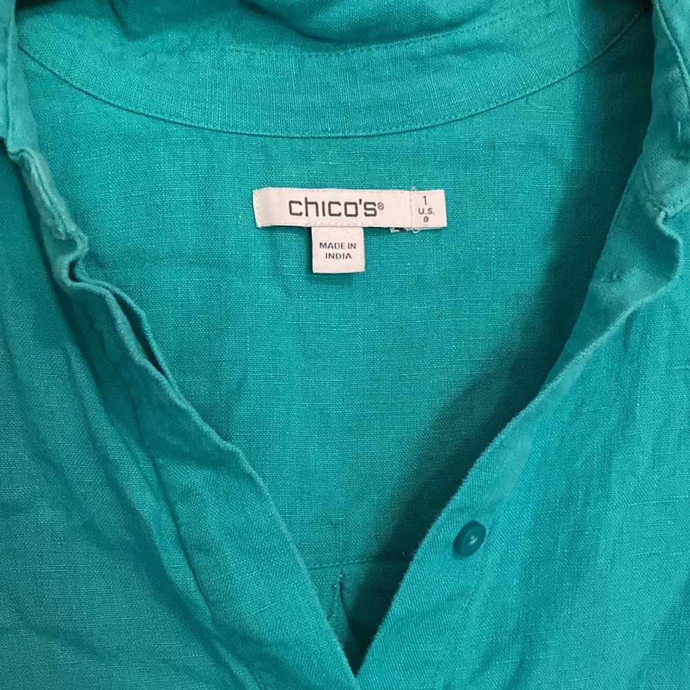 Chico's Turquoise Teal 100% Linen Button Up Beach Popover Dress Shift Cover Up - Picture 2 of 8